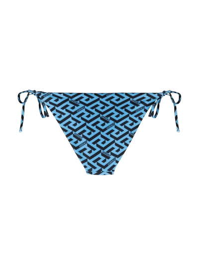 Versace La Greca Monogram Print Side Tie Bikini Bottoms In Blau