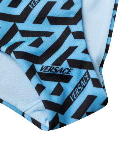 Versace La Greca Monogram Print Side Tie Bikini Bottoms In Blau