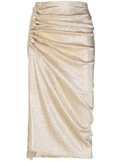 Shop Paco Rabanne Metallic Ruched Midi Skirt In Gold
