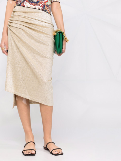 Rabanne Asymmetric Ruched Metallic Midi Skirt In Gold