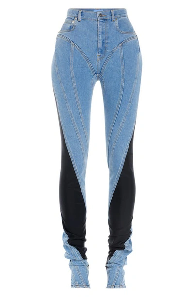Shop Mugler High Waist Colorblock Bonded Jersey & Denim Skinny Jeans In 2904 Light Medium Blue / Black