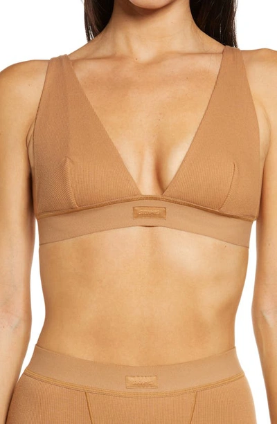 Shop Skims Cotton Plunge Bralette In Camel