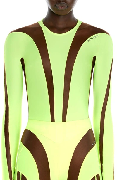 Shop Mugler Illusion Mesh Long Sleeve Bodysuit In Neon Yellow / Nude 02