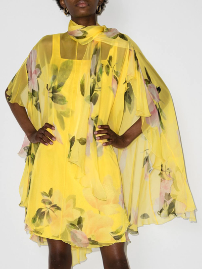 Shop Valentino Peonia Reediton Cape-style Dress In Yellow