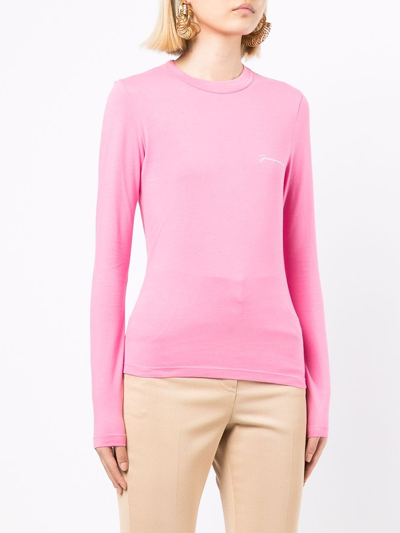 Shop Jacquemus Embroidered-logo Long-sleeve Top In Pink