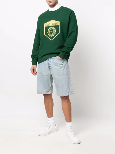 Saint Laurent Logo-flocked Cotton-jersey Sweatshirt In Green