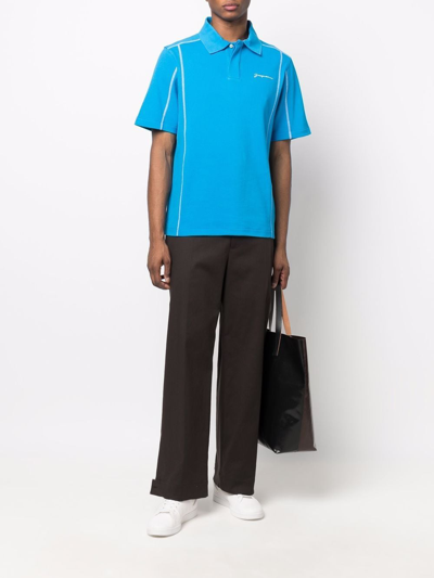 Shop Jacquemus Contrast Stitched Polo Shirt In Blue