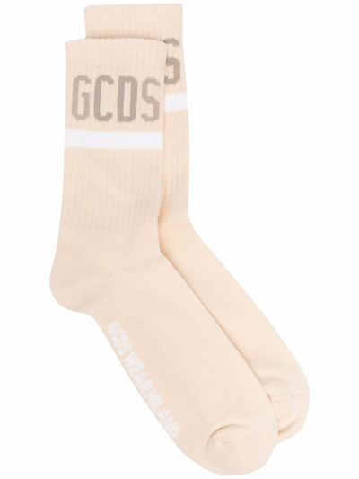 Shop Gcds Intarsia Logo Ribbed Socks In Neutrals