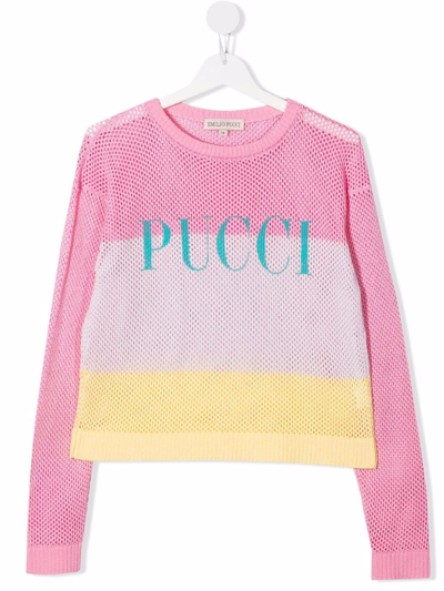 Shop Emilio Pucci Junior Long-sleeved Striped Mesh Top In Pink