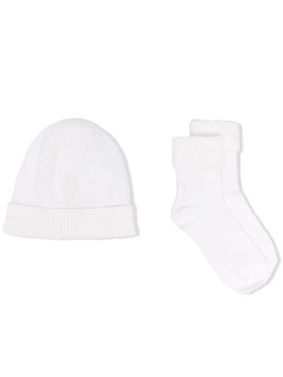 Shop Moncler Logo Beanie And Socks Set In Neutrals