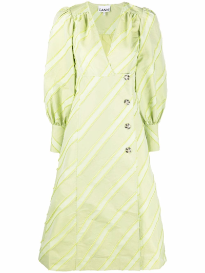 Ganni Striped V-neck Taffeta Midi Dress In Verde | ModeSens