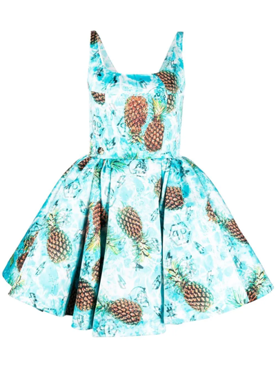 Shop Philipp Plein Duchesse Pineapple Skies-print Mini Dress In Blue