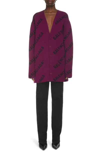 Shop Balenciaga Logo Oversize Virgin Wool Blend Cardigan In Purple/ Black
