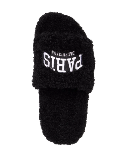 Shop Balenciaga Faux-fur Logo-embroidered Slippers In Schwarz
