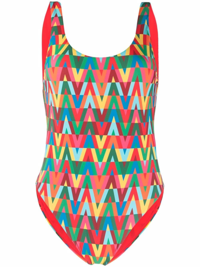 Shop Valentino Optical Logo Print Swimsuit In Rot