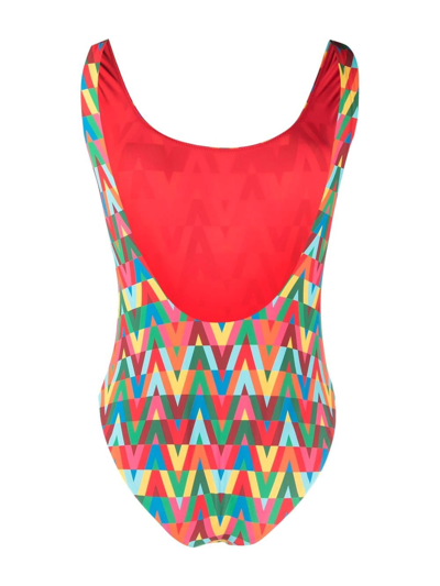 Shop Valentino Optical Logo Print Swimsuit In Rot
