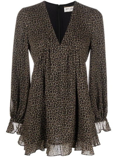 Saint Laurent Leopard-print Short Dress In Braun