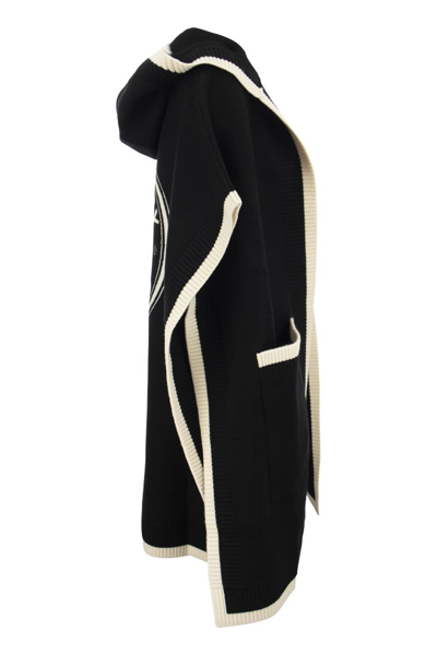 Shop Burberry Carla Knt - Wool And Cashmere Hooded Cape With Jacquard Graphics And Logo In Black