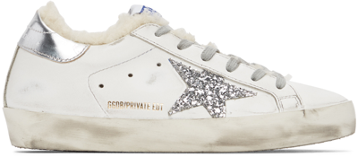 Shop Golden Goose Ssense Exclusive White & Silver Super-star Shearling Sneakers In White/silver