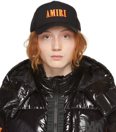 Shop Amiri Black Core Logo Trucker Cap In Black / Orange