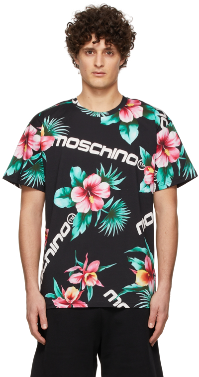Shop Moschino Black Floral T-shirt In A1555 Fantasy Print