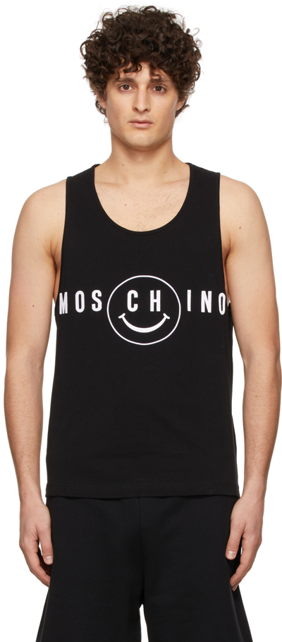 Shop Moschino Black Smiley Edition Logo Tank Top In A1555 Fantasy Print