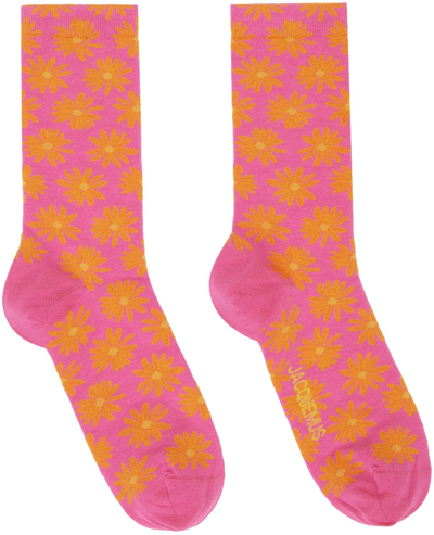 Shop Jacquemus Pink 'les Chaussettes Fleurs' Socks In 4ag Print Orange/pin
