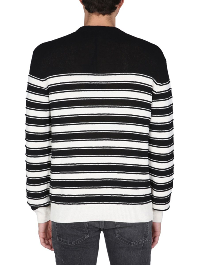 Balmain Striped Knit Wool Blend Sweater W/ Badge In Multicolor