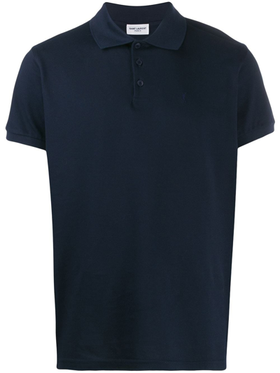 Shop Saint Laurent Embroidered Logo Polo Shirt In Blu