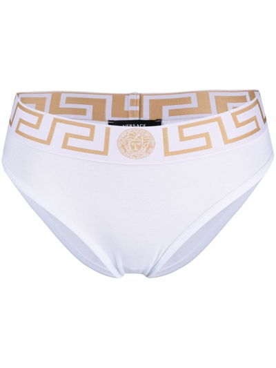 Shop Versace Greek Border Slip In Bianco