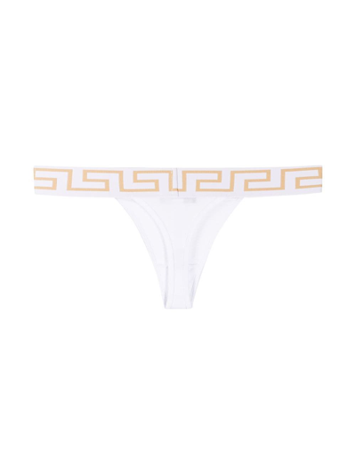 Shop Versace Greek Key Thong In Bianco