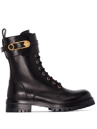 Shop Versace Safety Pin Leather Boots In Nero