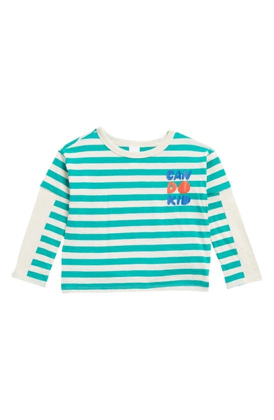 Shop Open Edit Kids' Stripe Organic Cotton T-shirt In Green Depth- Ivory Stripe