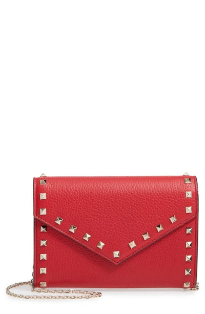 Shop Valentino Rockstud V-flap Calfskin Leather Wallet On A Chain In Red