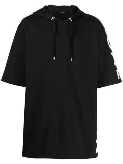 Shop Balmain Black Hoodie With Short Sleeves In Nero