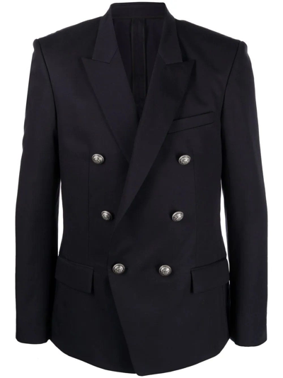 Shop Balmain Blue Double-breasted Fitted Blazer