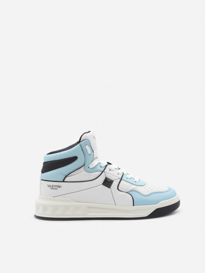 Shop Valentino One Stud Leather Sneakers In White, Blue