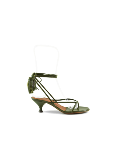 Shop L'autre Chose Green Leather Mid-heel Tassels Sandals