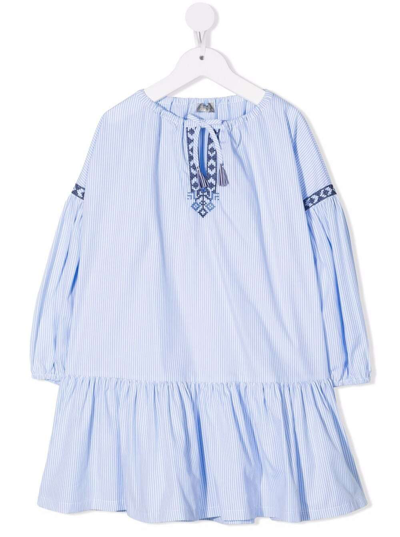 Shop Il Gufo Striped Blue Cotton Dress With Ikat Inserts In Light Blue