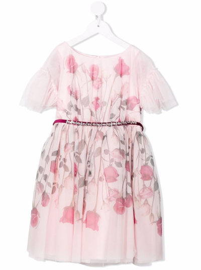 Shop Monnalisa Pink Tulle Dress With Floral Print And Belt