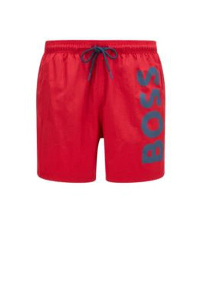 Shop Hugo Boss Quick-drying Swim Shorts With Large Contrast Logo In Red