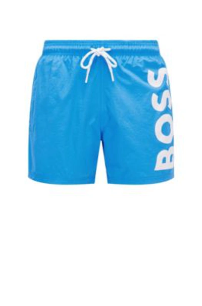 Shop Hugo Boss Quick-drying Swim Shorts With Large Contrast Logo In Blue