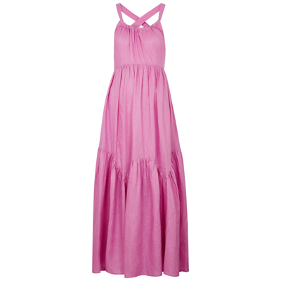Shop Lee Mathews Ali Pink Tiered Linen Maxi Dress