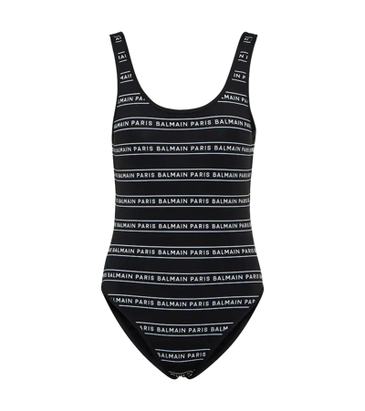 Shop Balmain Logo Swimsuit In Black/white