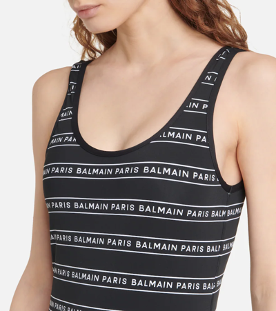 Shop Balmain Logo Swimsuit In Black/white