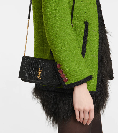 Saint Laurent Croc-effect Leather Wallet On Chain In Nero/nero