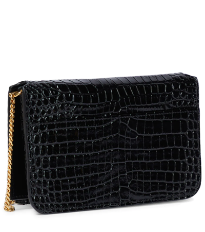 Saint Laurent Croc-effect Leather Wallet On Chain In Nero/nero