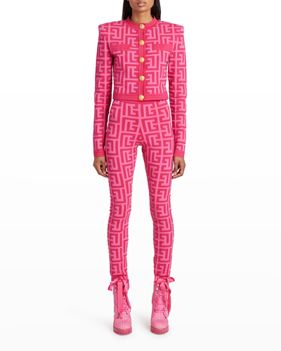Shop Balmain X Barbie Cropped Monogram Knit Cardigan In Odz Rose Clair/ro