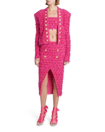 Shop Balmain X Barbie Capsule 6-button Metallic Tweed Midi Skirt In Pink