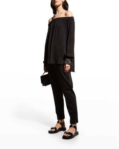 Shop Max Mara Pattino Off-the-shoulder Arm-stripe Silk Blouse In Black